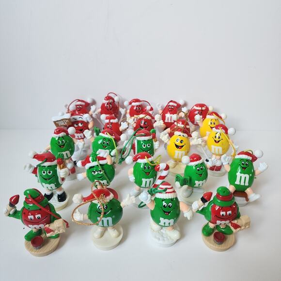 Vintage M&M Christmas Ornaments Yellow Green Red Candy Tube Topper Lot Of 24 - Picture 1 of 9